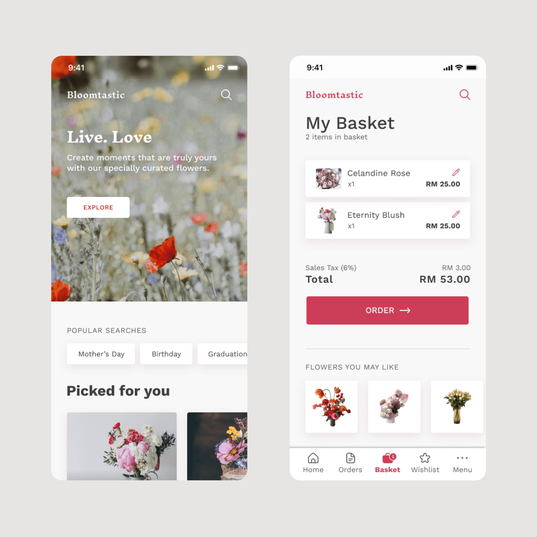 Mockup - Landing and basket screen