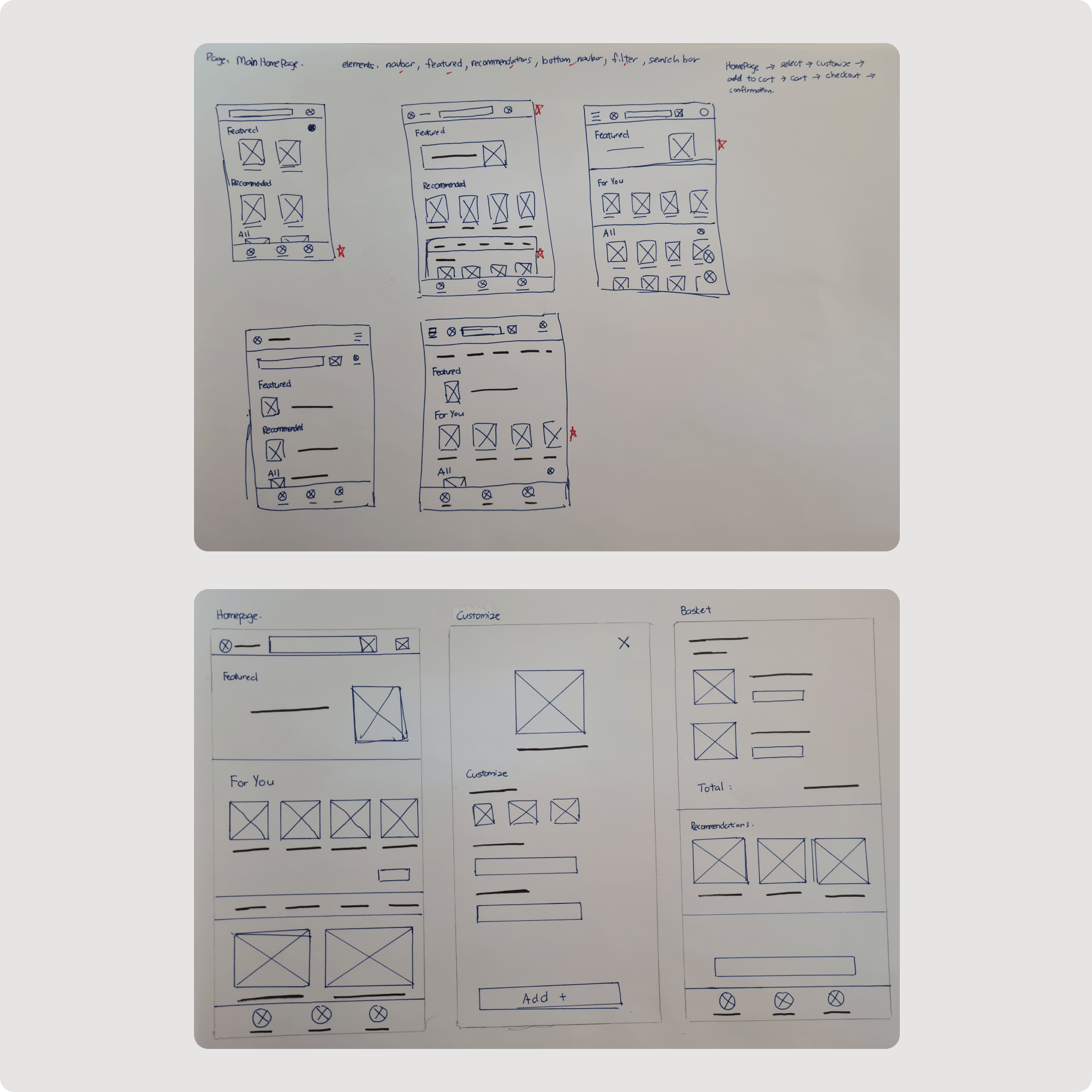 Paper wireframes outlining the different ideas drawn out.