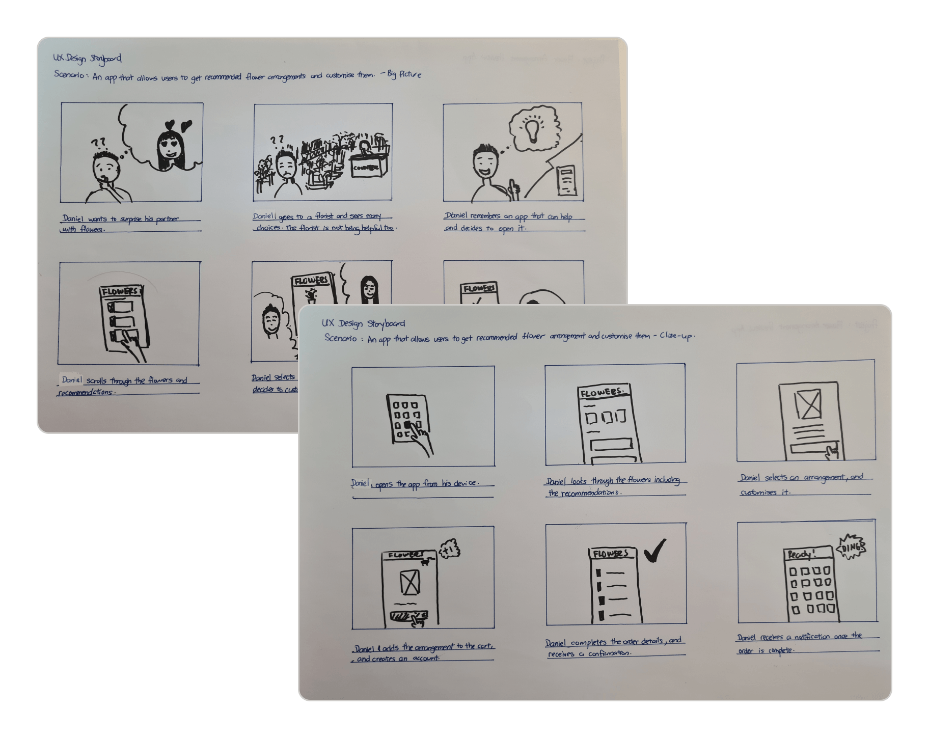 Two images of the handdrawn storyboard.