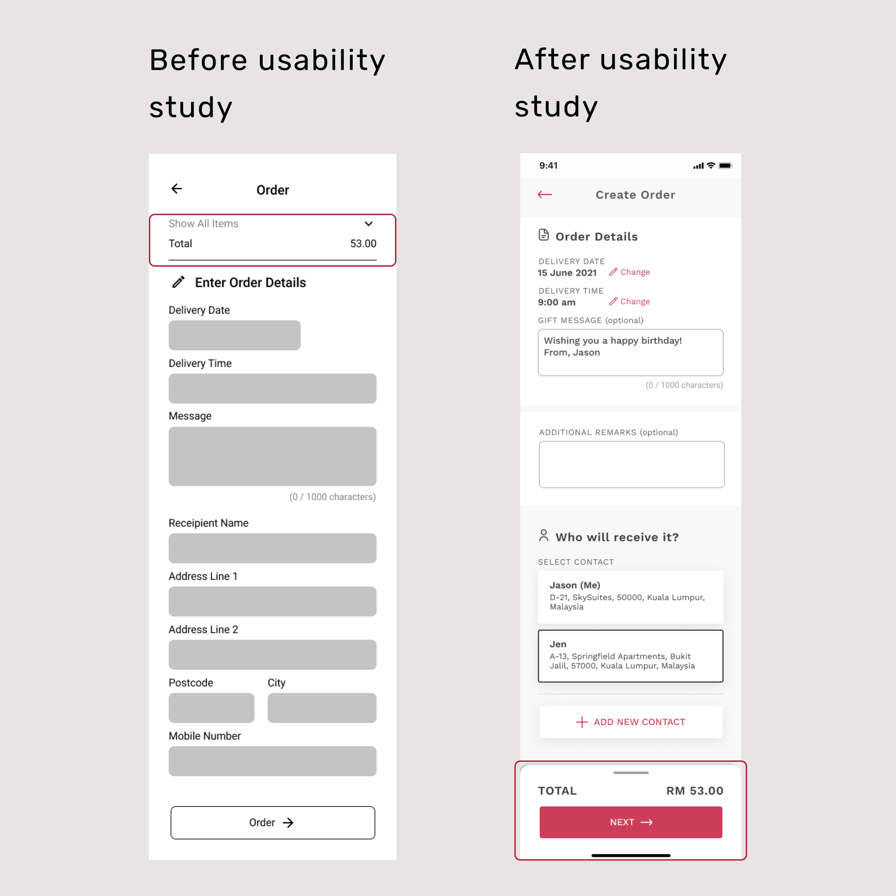 Mockups before and after usability study - Move total pricing to bottom of the screen.