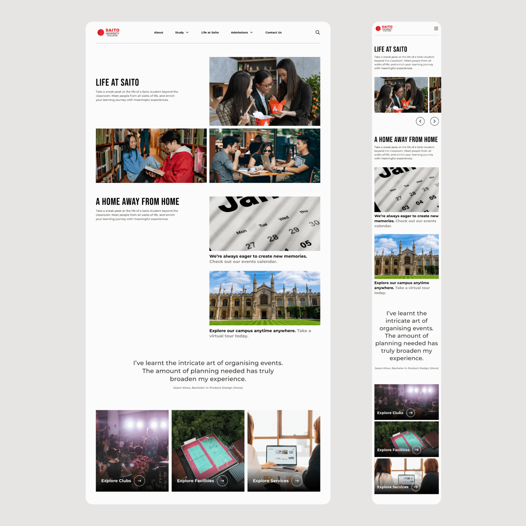 Mockup of student life page.