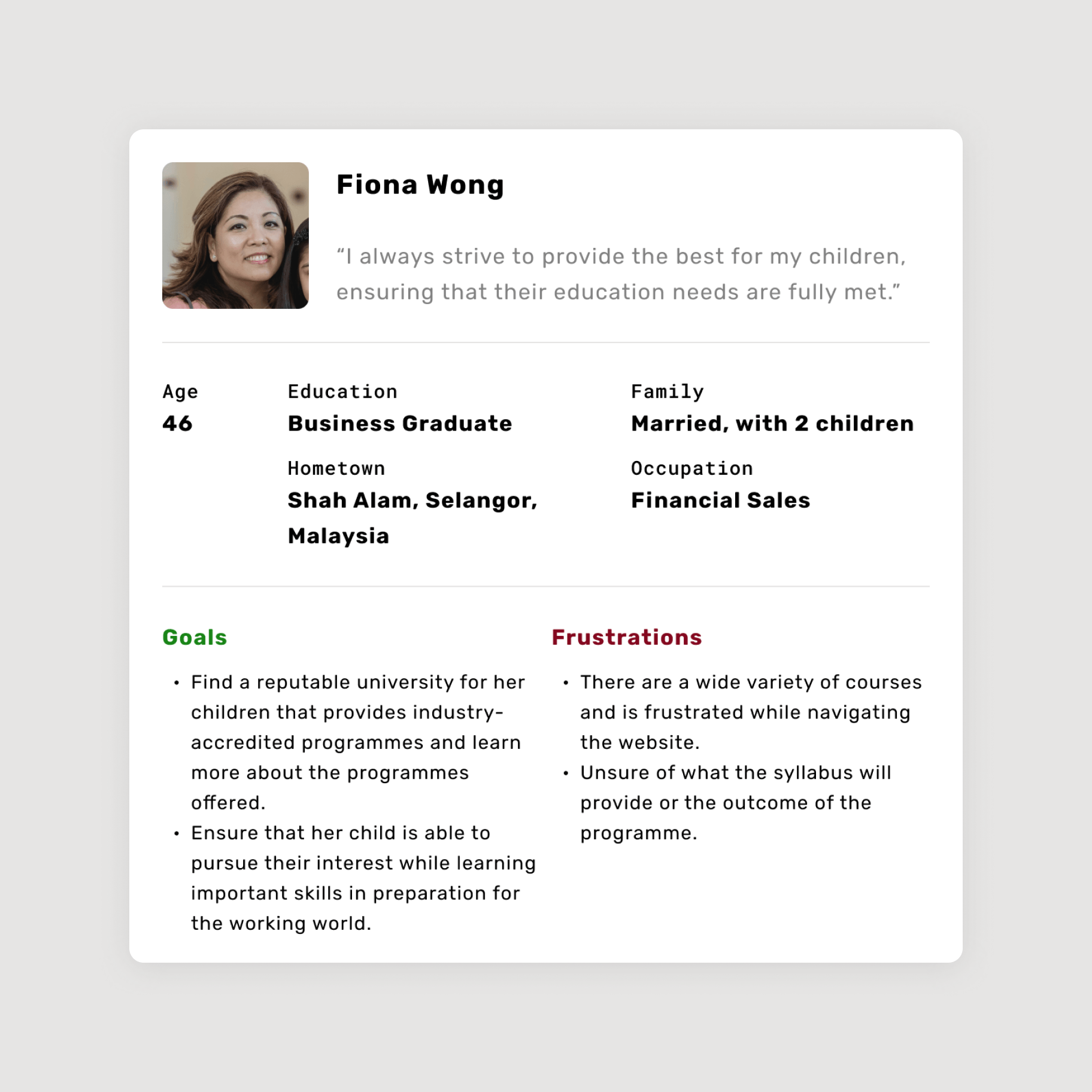 User persona 1: Fiona Wong